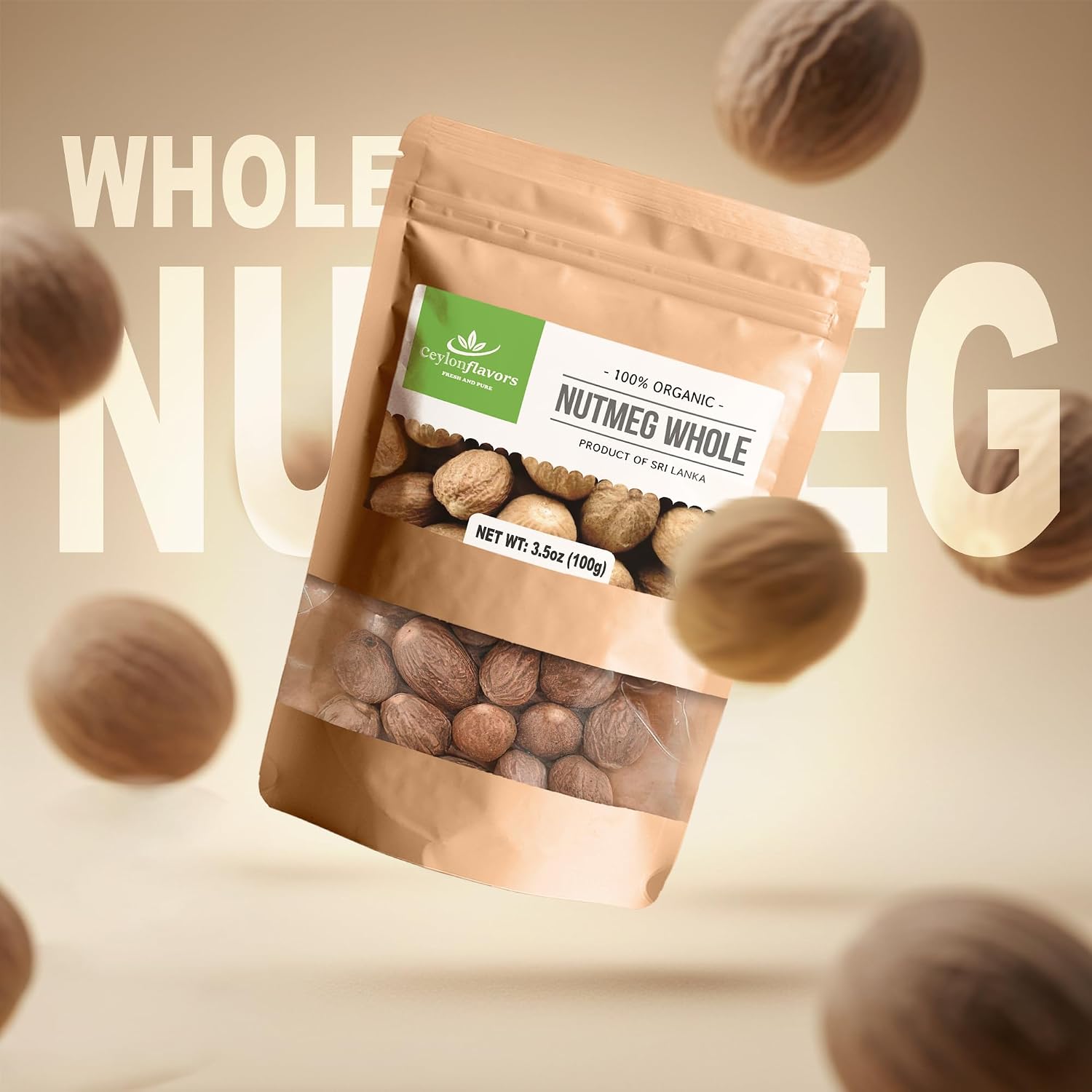 Organic Whole Nutmeg (3.5 oz), Premium Grade, Harvested & Packed from a USDA Certified Organic Farm in Sri Lanka (stand up resealable pouch) image 2