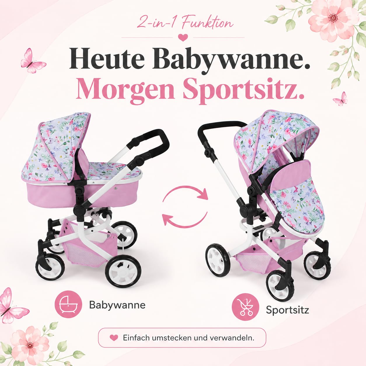 Bayer Chic 2000 Poussette poupée Mika 2 en 1 Pliable et réglable | Poussette poupée 2 en 1 pliable avec poignée réglable (47-80 cm), pour poupées jusqu'à 52 cm.