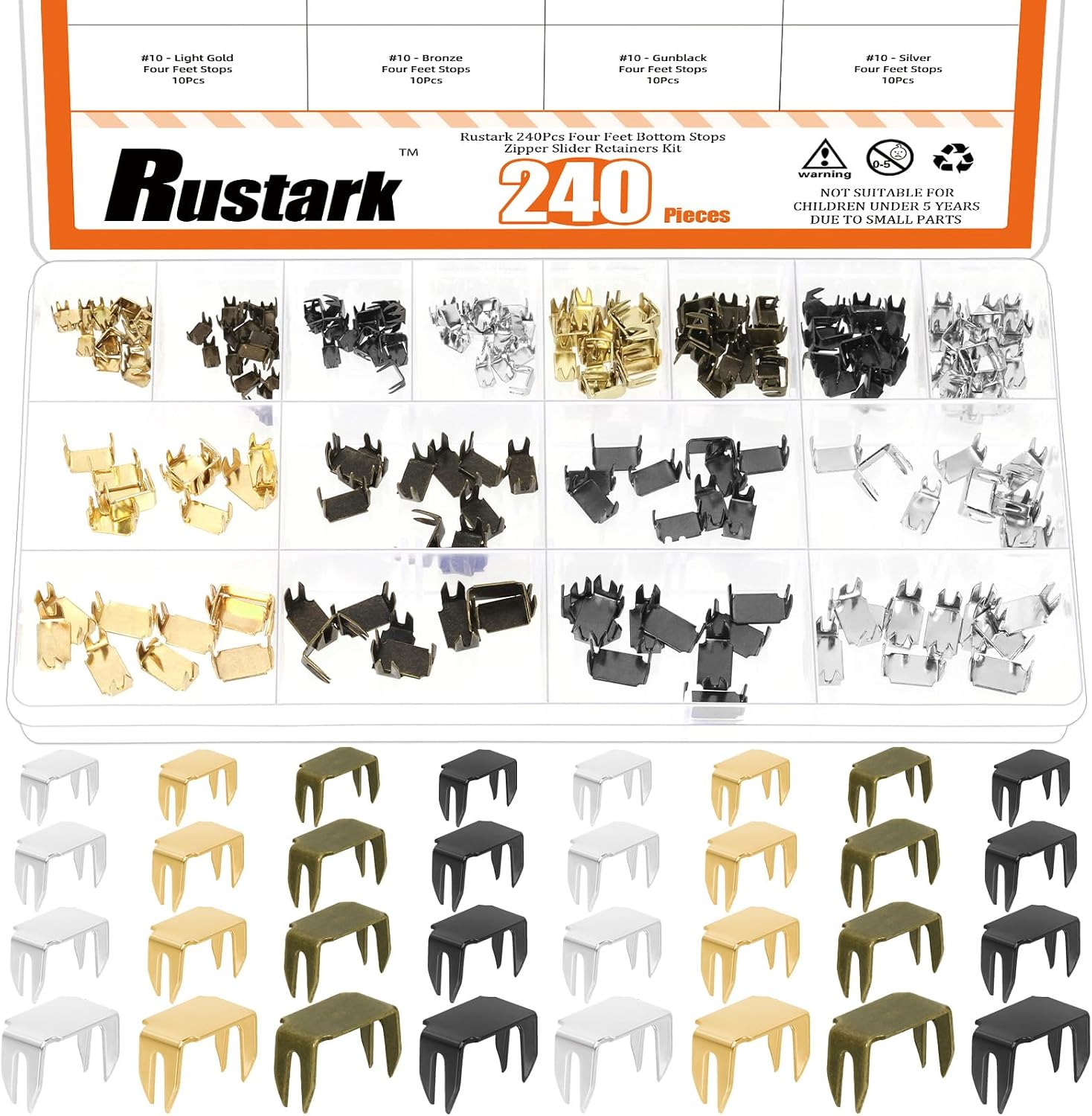 Rustark 240Pcs 4 Sizes Zipper Stoppers Assortment Kit Top & Bottom Zipper Stops Assorted Colors Zippers Slider Retainers Zippers Repair Kit for Bags Coats Jackets