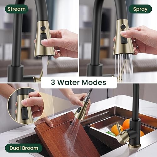 Vista 130 de APPASO Grifo de cocina cuadrado con filtro, grifos de fregadero de 3 vías negro mate con rociador extraíble, 2 modos, arco alto, moderno, 2 asas