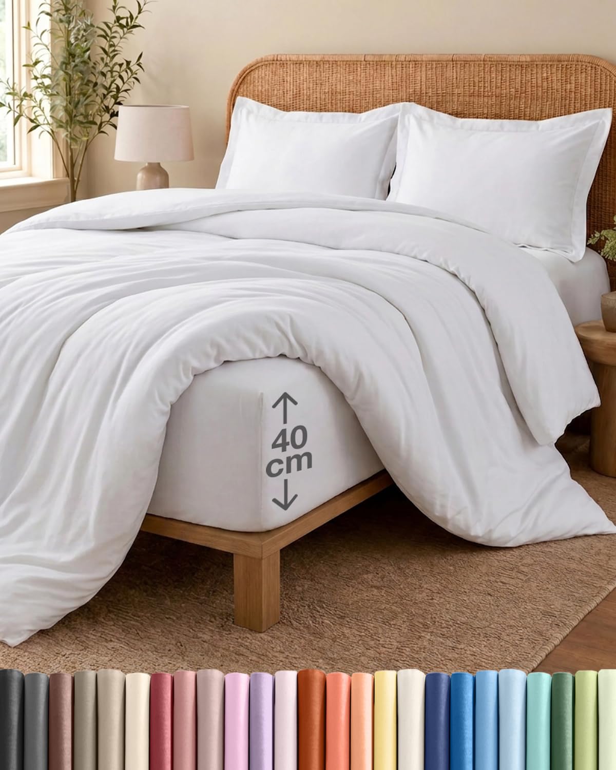 4 Piece Super King White Duvet Cover Set - Duvet Cover & Fitted Sheet, 2 Pillowcases - 260x220cm + 150x200cm 40cm / 16" - Brushed Microfibre - Soft, Wrinkle & Fade Resistant - OEKO-TEX Certified