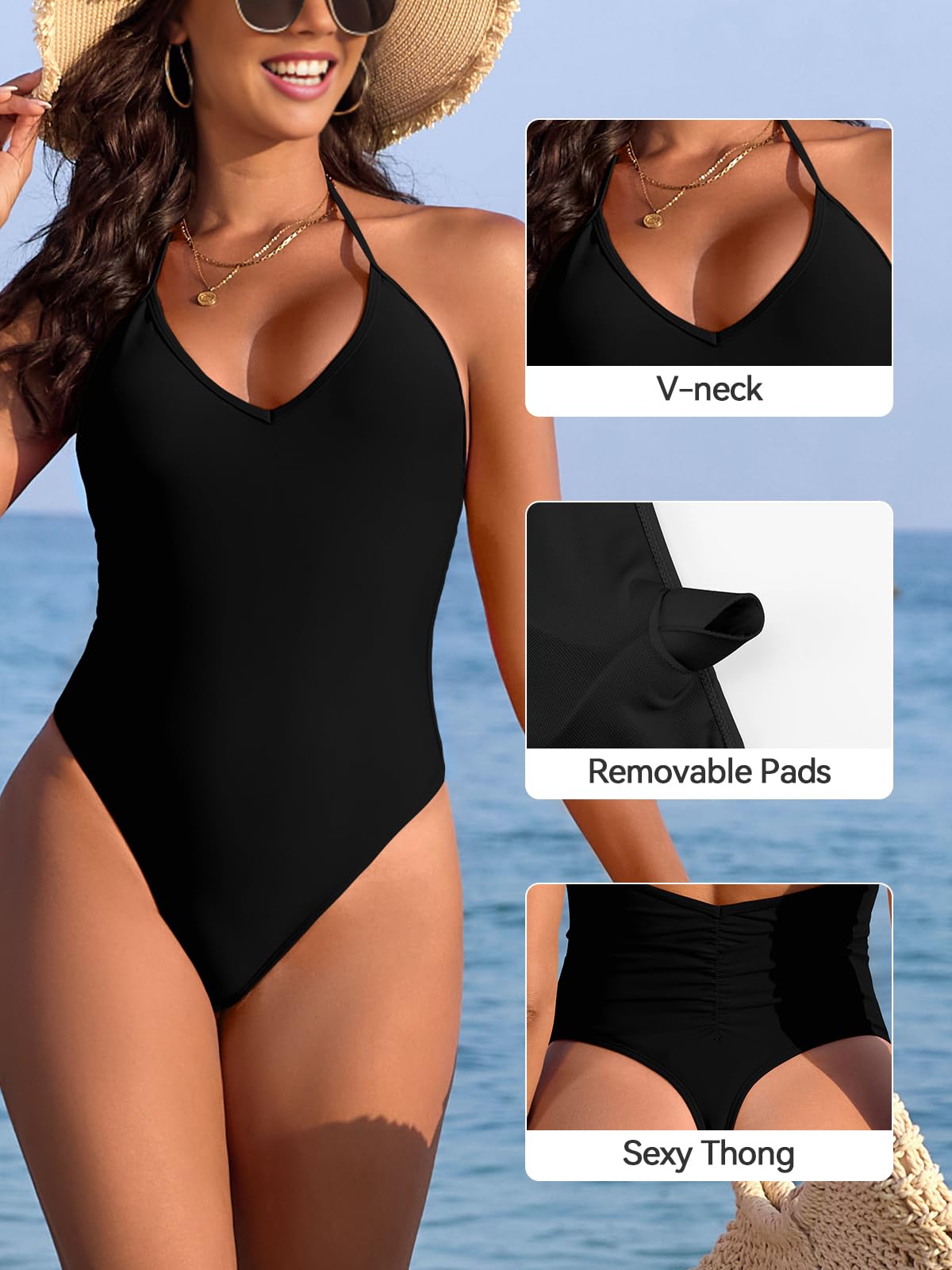 SHEKINI Einteiliger Badeanzug Damen V-Ausschnitt Neckholder Lace-Up Rückenfreier Badeanzug Ruched Back High Cut Sexy Tanga Monokini Bademode Swimsuit