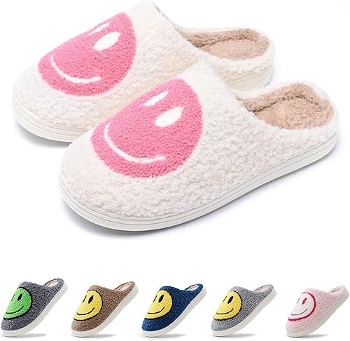 rosyclo Pantuflas de cara sonriente, retro, suaves, acogedoras, para casa, antideslizantes, esponjosas, para interiores y exteriores, para mujeres y