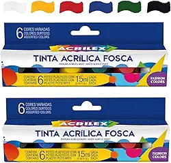 Kit Com 2 Caixas Pintura Acrílica Mate 6 Cores Tinta 15ml 03506 Acrilex – Para Artesanato e Pinturas Diversas Indicada Para Uso Em Madeira, Papel, Cerâmica, Isopor, Couro, Gesso, Cortiça, Vidro E Pet, Esta Tinta Proporciona Excelente Cobertura, Secagem Rápida E Facilidade De Uso Em Seus Projetos Criativos