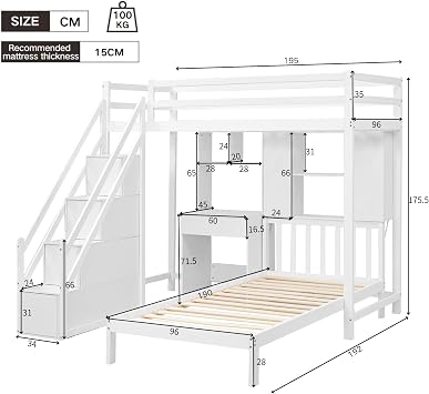 Miyemo Bunk Bed for Kids, 3ft Single Bed Frame with Storage, Multifunctional Children's Bed with Desk & Shelves, Loft Bed with Guardrail & Ladder, Pinewood, 90 * 190cm, White, (No Mattress)