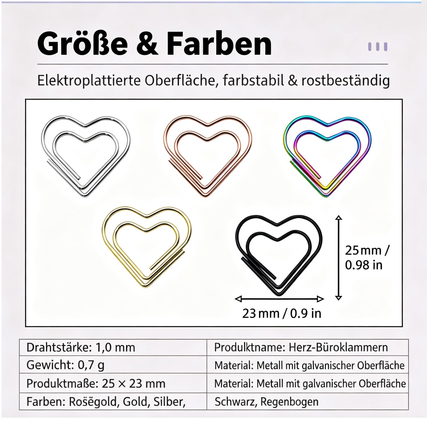 Herz-Büroklammern, rostfreie Paperclips für Büro und Lesezeichen (Gold,500 Stk)