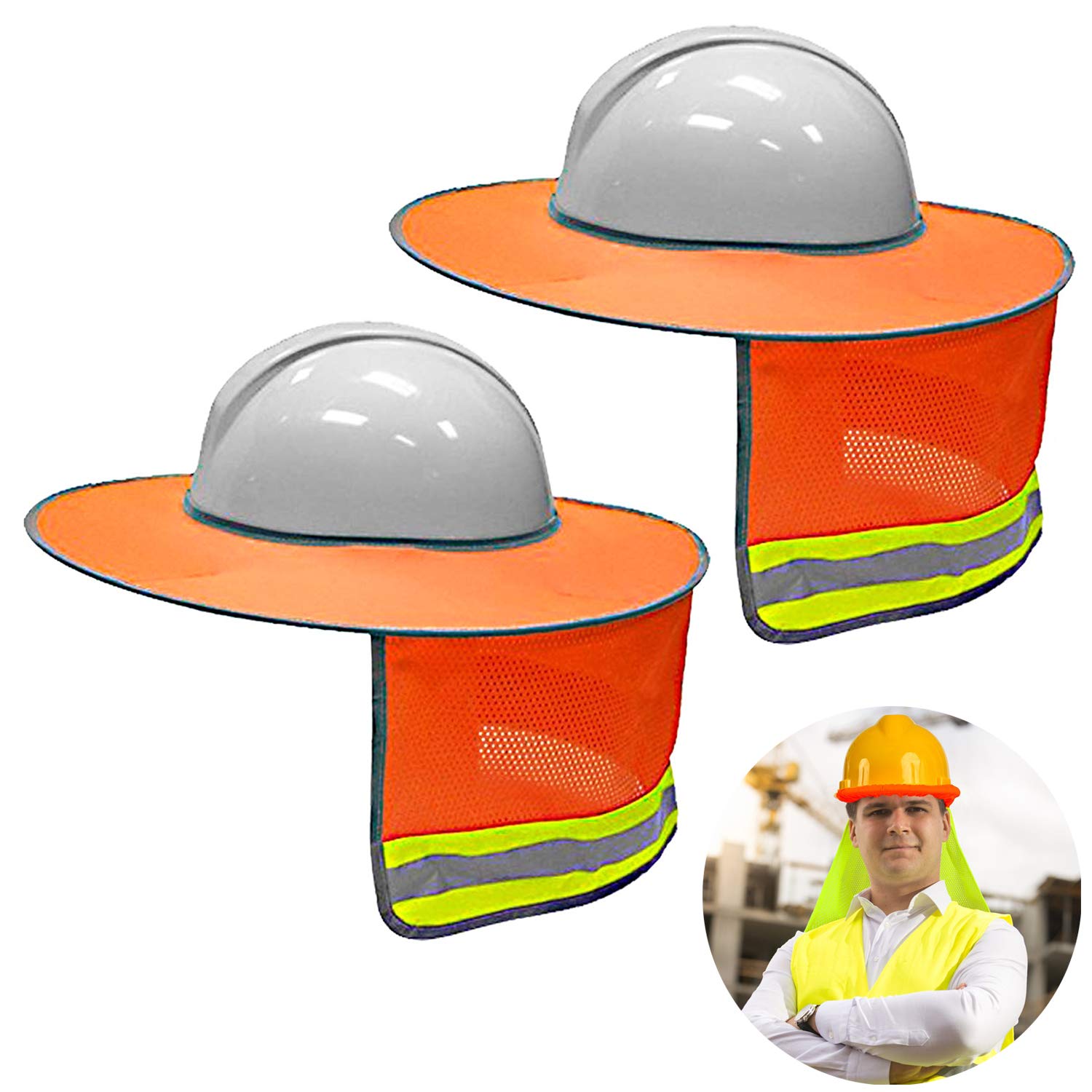 PartyYeah 2Pcs Orange Hard Hat Sun Shield Neck Shield for Safety Helmet, Hard Hat Sun Shade Sunshade Neck Shield with Full Brim Sun Shade Attachable Foldable Reflective Stripe (Hard Hat Not Included)