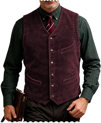 Mens Corduroy Vest Vintage Western Cowboy Waistcoat with Pockets for Casual Formal Business Outfits