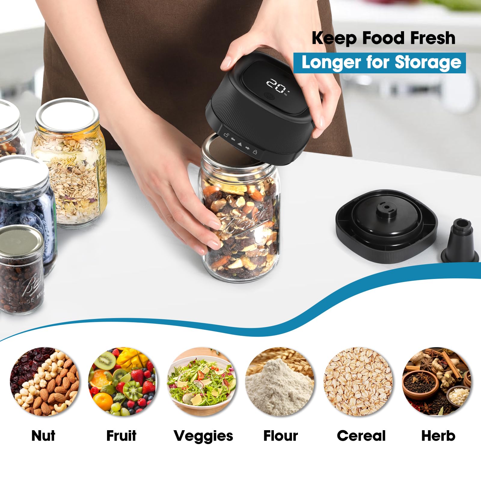 ZIWEO Mason Jar Kit de scellage sous vide pour bocaux Mason à large ouverture et ouverture normale, scelleuse électrique sous vide avec buse d'aspiration, 10 couvercles et 1 sac sous vide, design