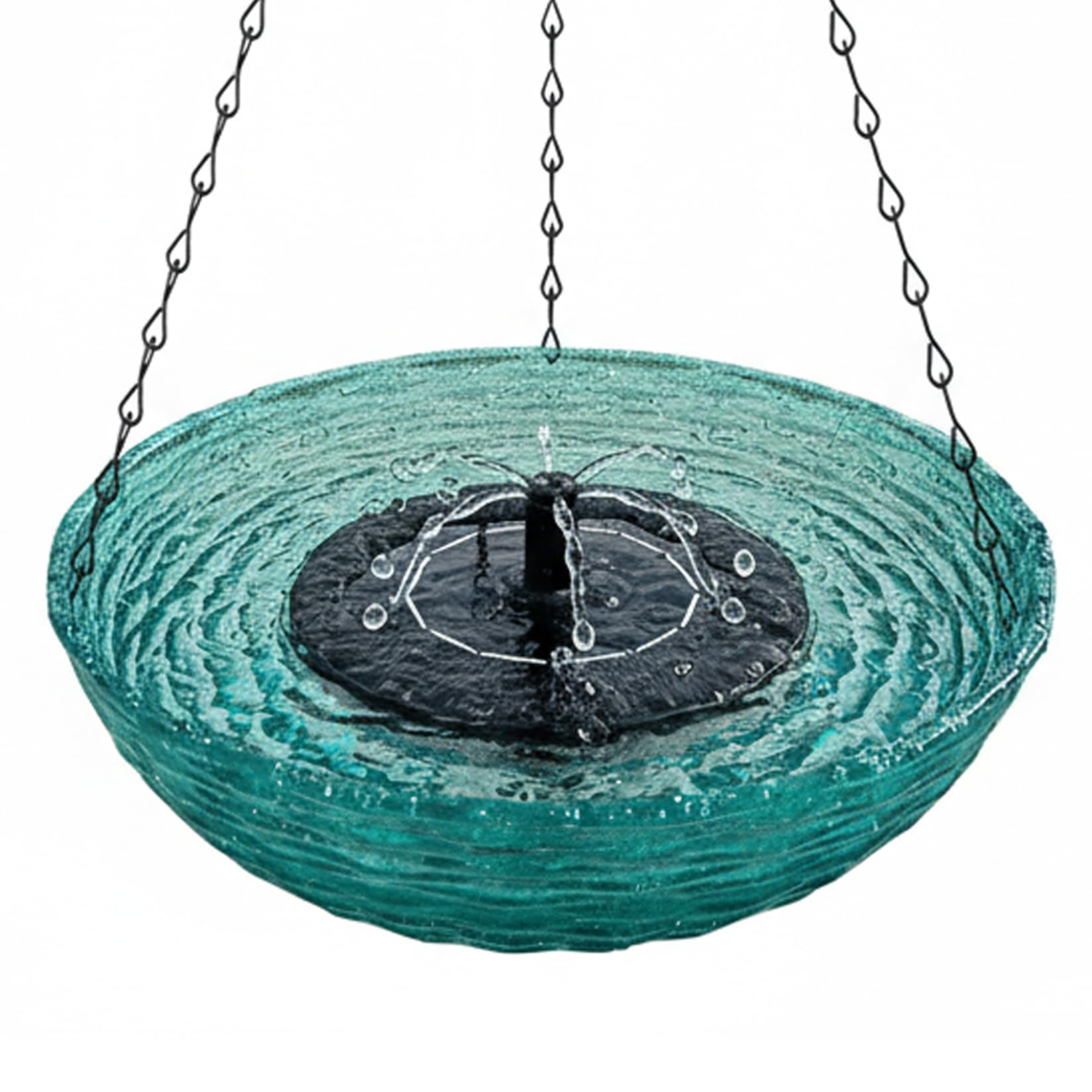 Baño para pájaros con energía solar colgante azul y fuente de agua autónoma