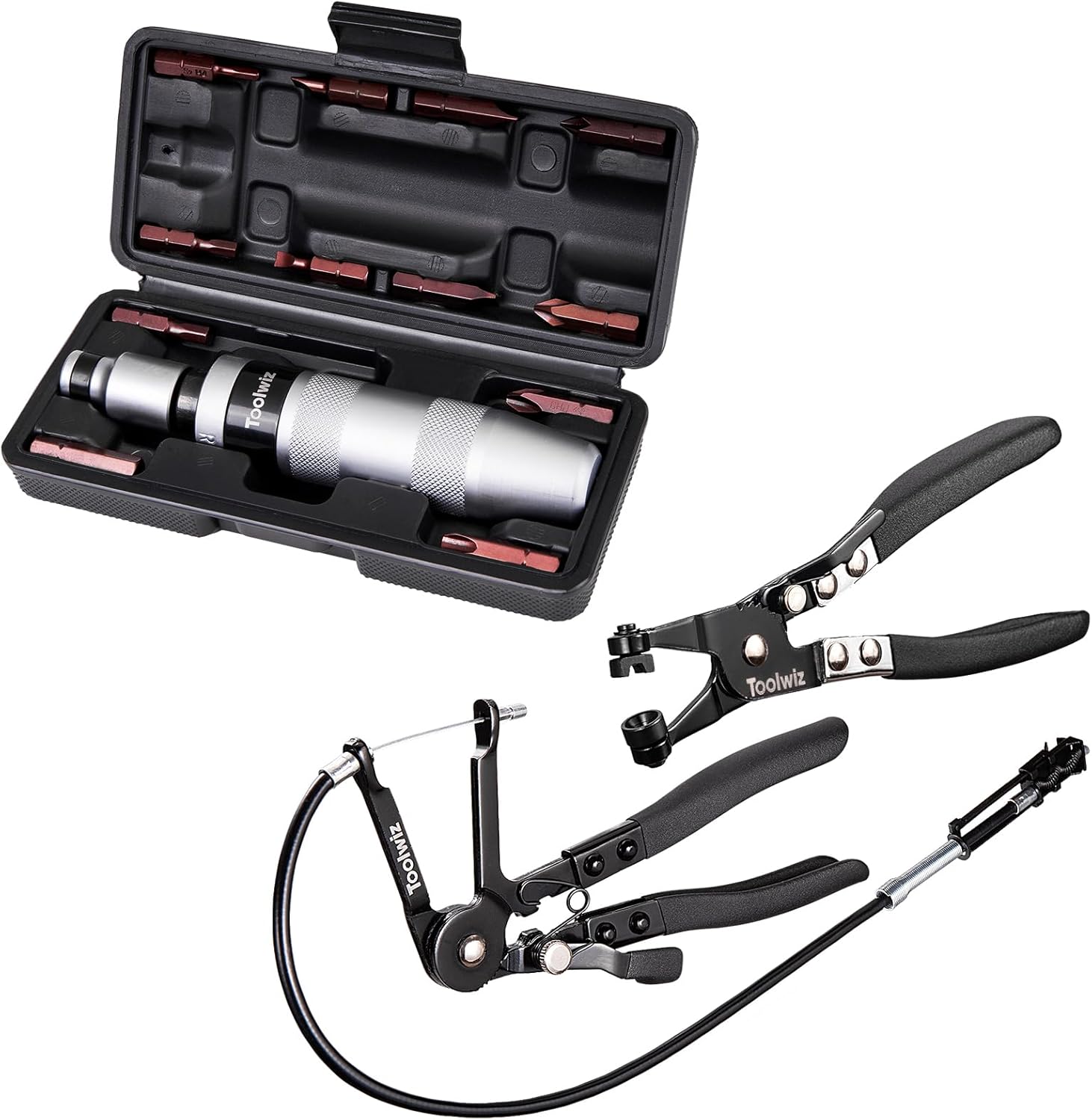 Toolwiz 2 Pcs Hose Clamp Pliers + 1/2" Impact Screwdriver Set 14 Pcs, Reversible Manual Impact Driver with S2 Steel Screwdriver Bits, Hose Clamp Tool