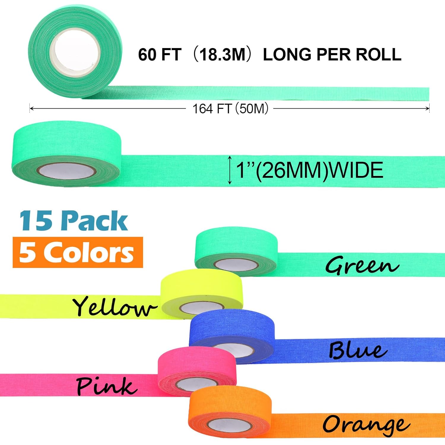 Fainne 10 Rolls Gaffers Tape 1 Inch x 20 Yards Spike UV Blacklight Reactive Fluorescent Heavy Duty Multipurpose Neon for Party Supplies Floor Markings