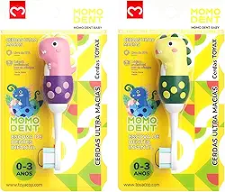 MOMODENT Escova de Dentes Infantil para 0-3 Anos Bebe, Dinossauro, Cabo de Silicone Macio, Cabeça Macia, Limpeza Suave (Amarelo+Rosa(2 unidades))