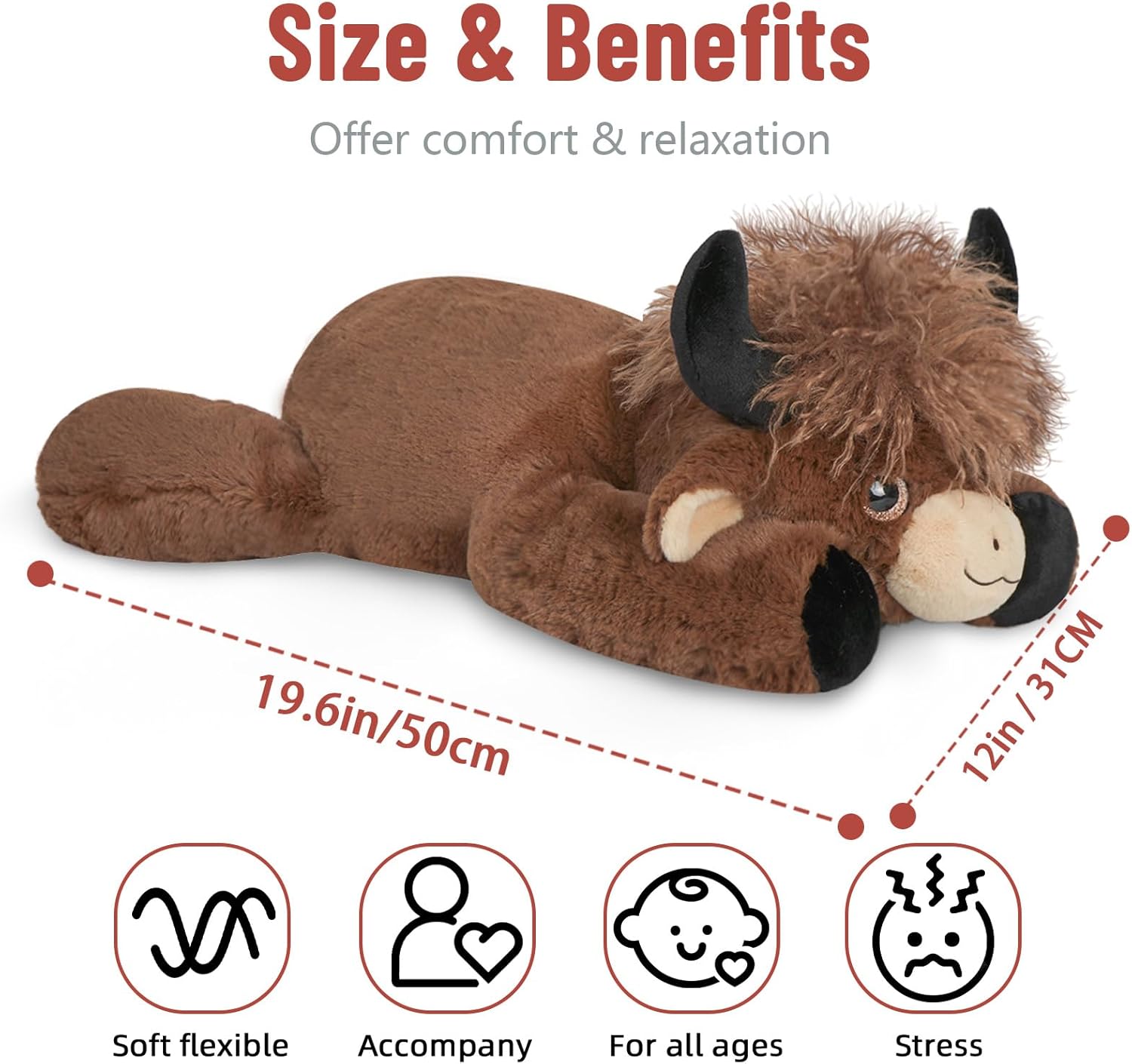 Niuniu Daddy 20" | 3.3 Pound Highland Cow Weighted Stuffed Animals for Adults, Weighted Brown Highland Cow Plush Toy for Toddler Kids, Fluffy Plushy Pillow with Soft Fur for Present Christmas Birthday - Image 4