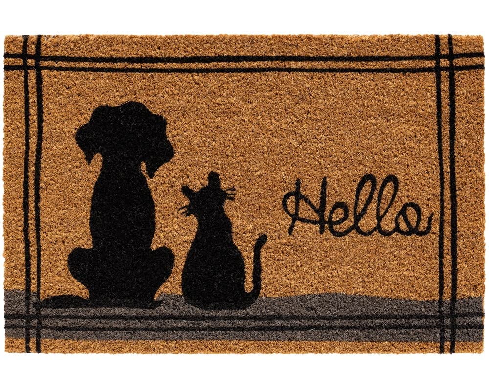 Felpudo de coco para interior y exterior, 40 x 60 cm, fibra de coco, con texto en alemán "Hello " Gato perro como divertido felpudo para limpiar la puerta de casa, pasillo, jardín