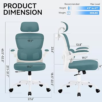 AreShark Office Chair Ergonomic Desk Chairs with Adjustable Lumbar Support& Headrest Hanger, High Back Breathable Mesh Chair with Wheels, Rolling Swivel Comfy Task Computer Chair for Home Work Gaming