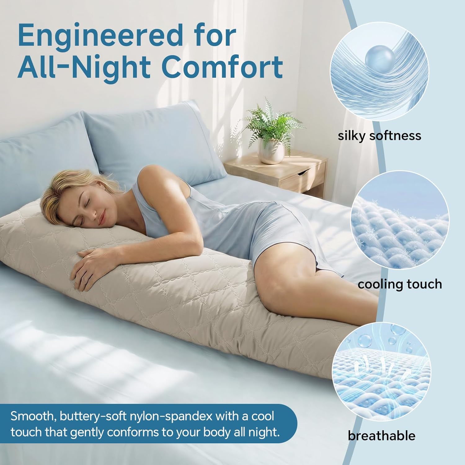 BEDELITE Cooling Body Pillow for Adults, Creative Ultra Soft Cool-Touch Quilted Nylon-Spandex Body Pillow Cover, Adjustable Memory Foam Long Pillow for Side Sleepers, Pregnancy & Back Pain(Linen)