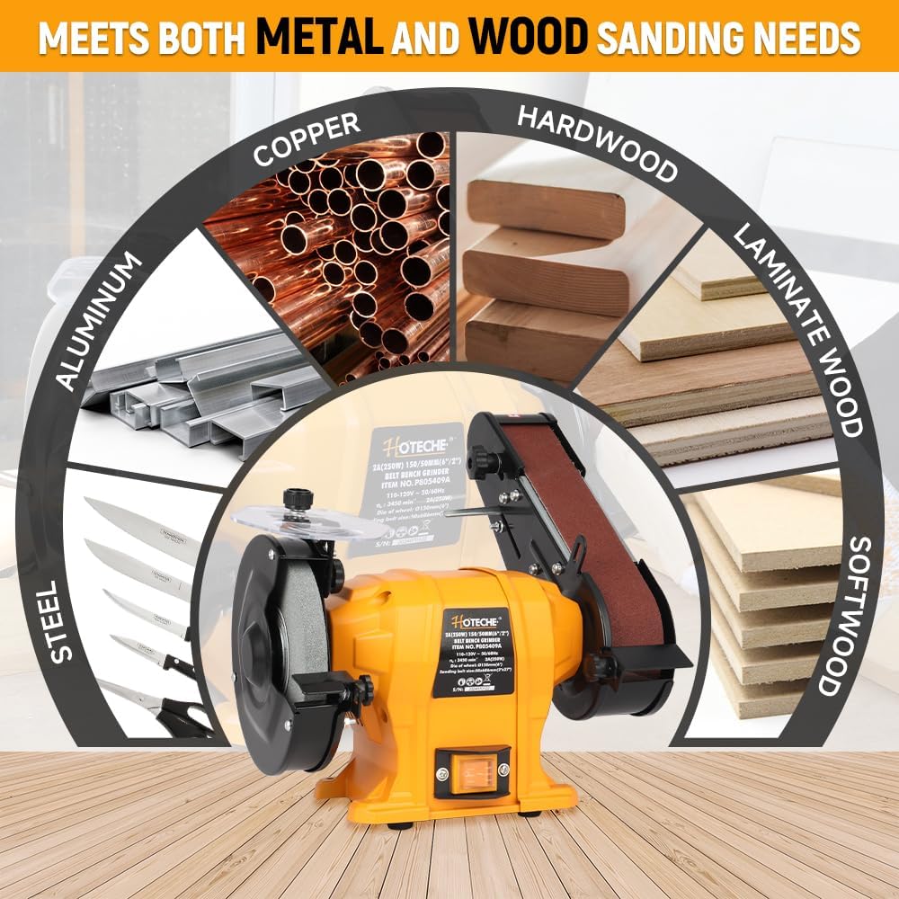 Hoteche 6" Bench Grinder & 2" x 27" Belt Sander Combo - 250W Dual Power Tool for Metal/Wood Grinding, Sharpening & Sanding