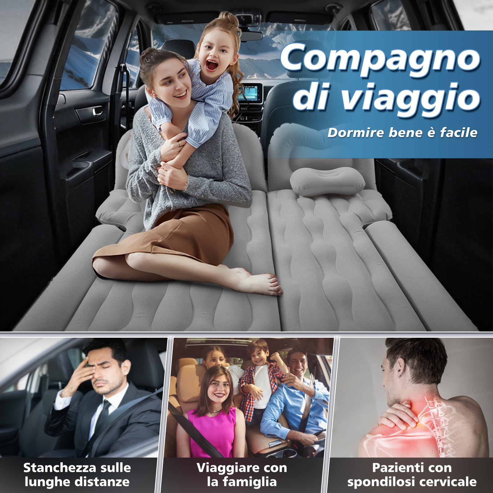 FORMIZON Materasso Auto, 180 * 140cm Materasso Gonfiabile Macchina, Letto Gonfiabile Auto con Pompa ad Aria e 2 Cuscini per SUV più Spesso Letto per Viaggi in Campeggio All'aperto (Grigio)