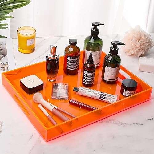 Miniatura 7 de Bandeja de acrílico grande para mesa de café otomana con asas, 17 x 13 pulgadas, bandeja decorativa para servir comida, té, cena, aperitivos, bar,