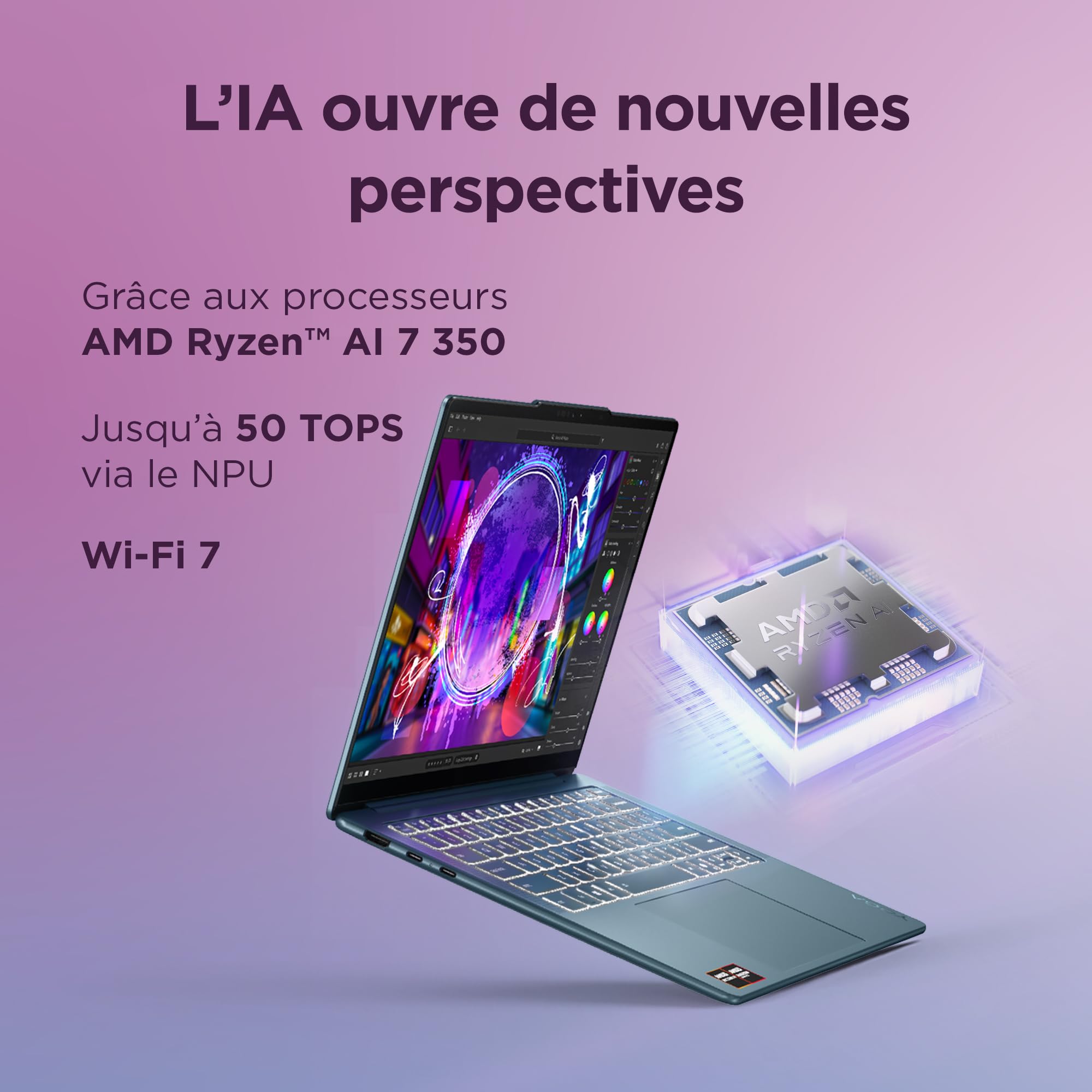 Lenovo Yoga Slim 7 14AKP10 - Ordinateur Portable 14'' WUXGA (AMD Ryzen AI 7 350, RAM 32Go, SSD 1Tb, IAMD Radeon 860M Graphics,Windows 11 Home) Clavier rétroéclairé AZERTY FR - Tidal Teal