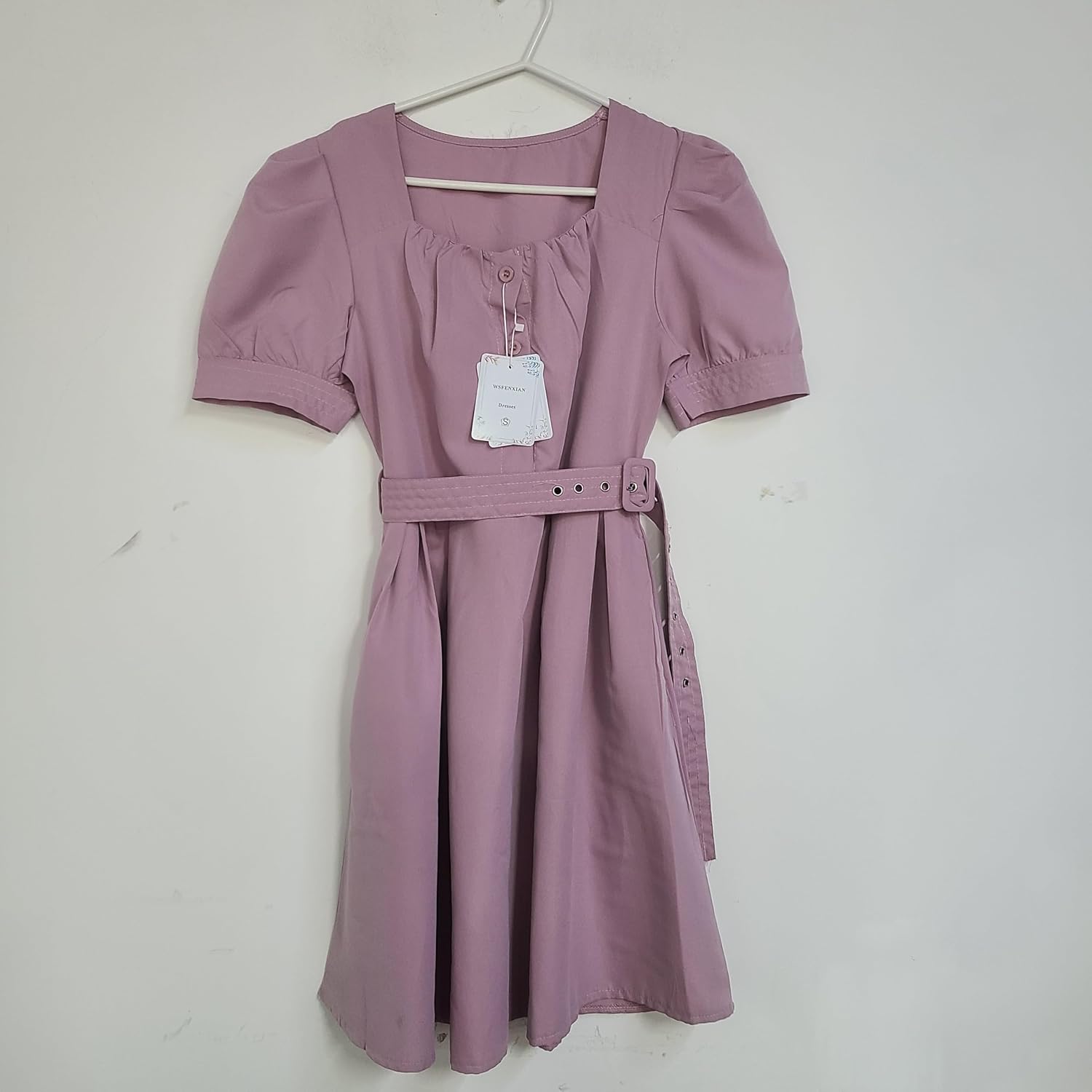 WSFENXIAN dresses Casual A-Line Short Dress with Waist Belt, Summer Elegant Mini Dress