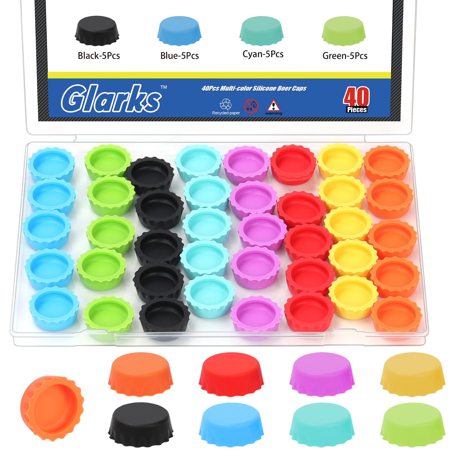 Glarks 40pcs 30 x 11mm Silicone Bottle Caps Kit, 8 Colors Reusable Bottle Silicone Caps, Rubber Beer Bottles Cap, Rubber Sealing Bottles Covers for Soft Drink, Beer Bottle, Soda Bottles