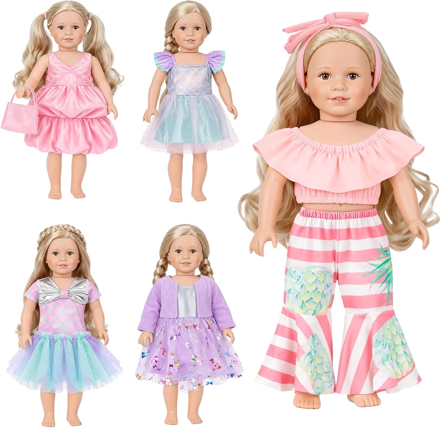 5 Sets Doll Clothes for 18 inch Dolls Baby Doll Accessories Outfit with Dress Skirt Pant Bag and Hairband for Birthday Gifts (18in-Style 1)