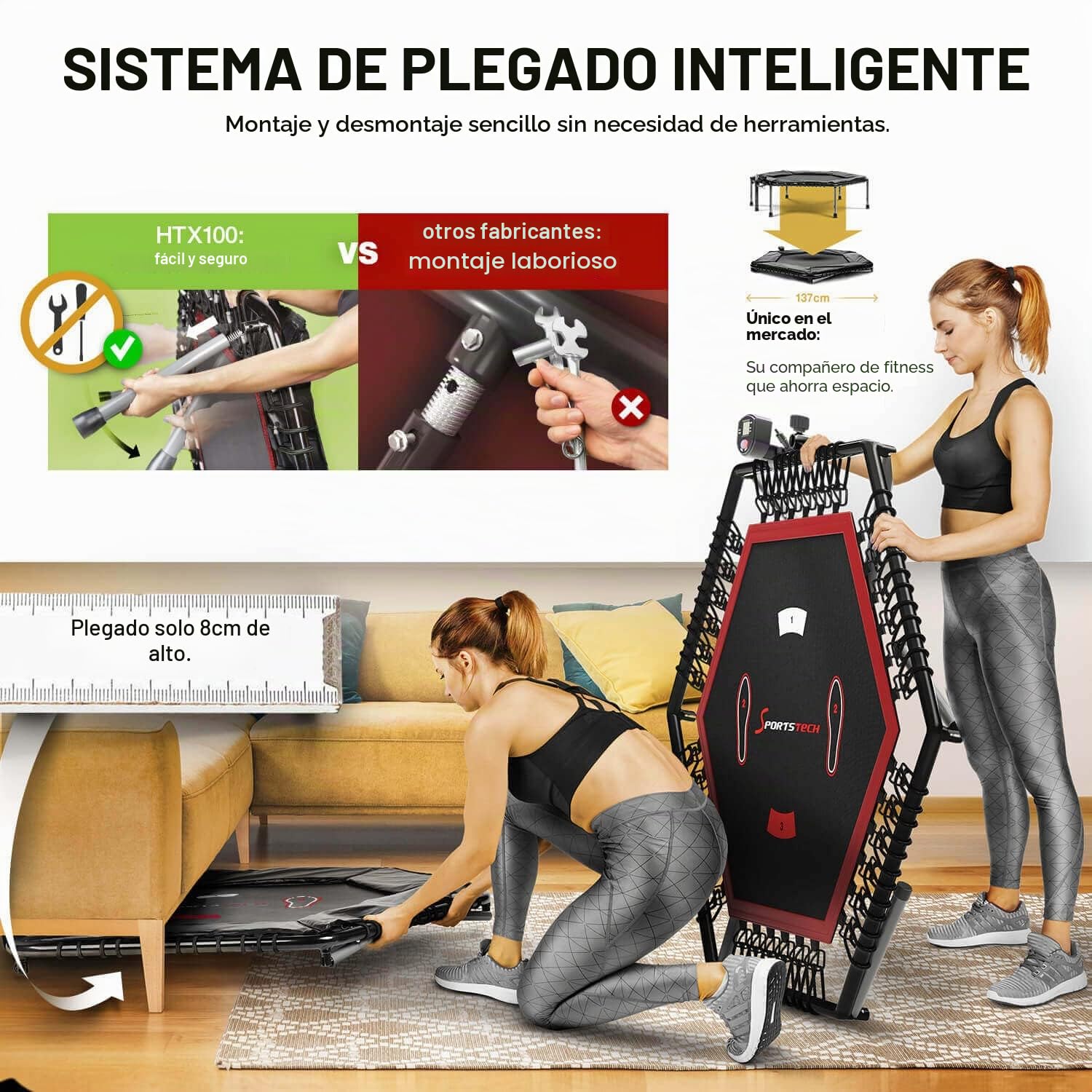 Trampolín Smart Fitness Marca Alemana, Incl. cinturón de Ritmo cardíaco, vídeo de Entrenamiento, Contador de Saltos y App, Plegable, Manillar Ajustable, portabotellas y Soporte para móvil - HTX100