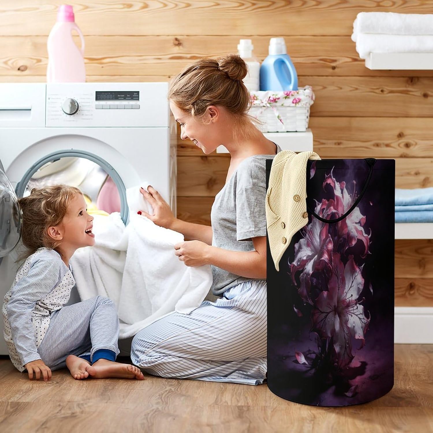 Dark Fantasy Contrast Floral Laundry Hamper 86L Waterproof Collapsible Clothes Basket with Double Handles Freestanding Foldable Laundry Basket Large Clothes Hamper for Bathroom