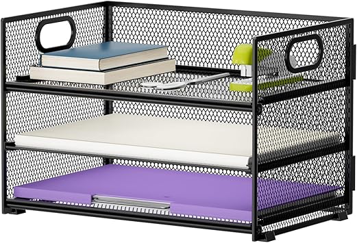 Marbrasse 3 Tier Paper Organizer Letter Tray, Mesh File Organizer with Handle, Paper Sorter Desk Organizer for Home Office Su