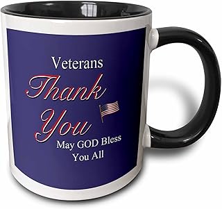 3dRose mug_36111_4 "Thank You Veterans, May God Bless you all. Text art with USA flag in red, white and blue." Two Tone Bl...
