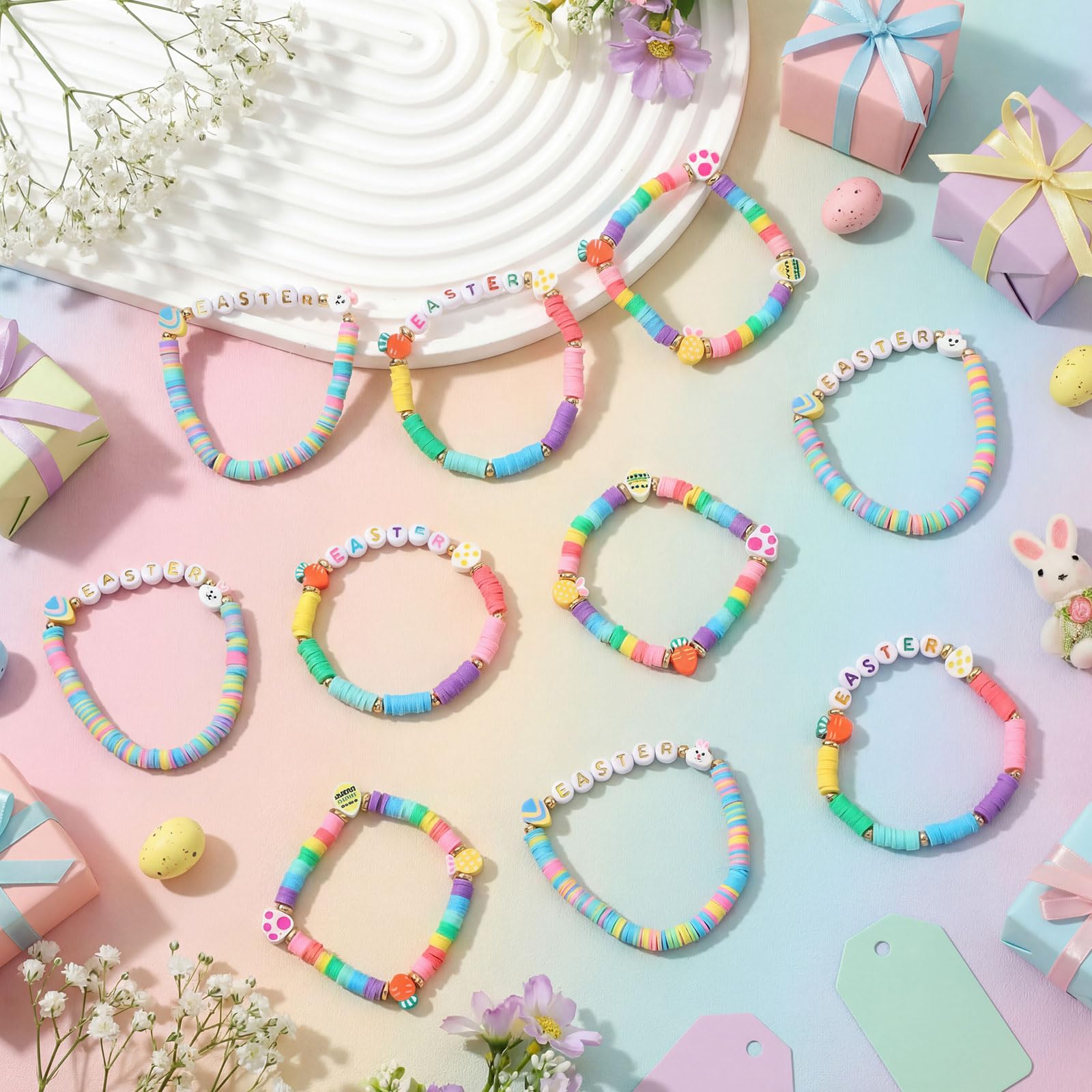 Landical 30 Pcs Easter Party Bracelets Gifts Bulk Easter Bunny Egg Carrot Polymer Clay Beaded Stretch Bracelets Bulk for Party Supplies Basket Stuffers Egg Fillers Gifts for Kids Easters Hunt