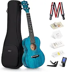 Enya Ukulele de concerto 58 cm azul sólido mogno superior com kit inicial de ukulele inclui aulas online, estojo, alça, cordas, capo, agitador de areia, palheta, pano de polimento (EUC-25D BU)