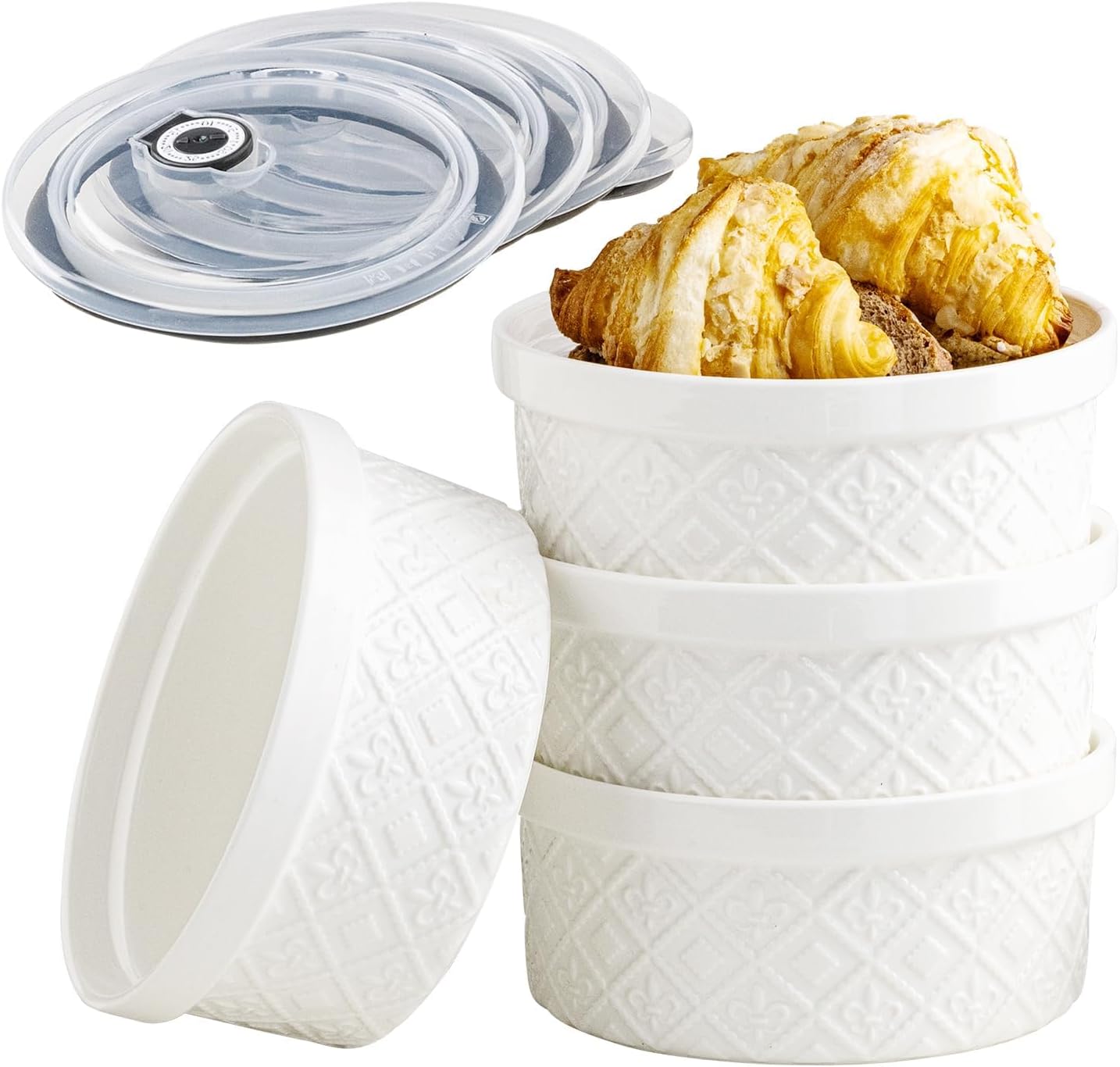 40 oz + 12/16/18/40 oz Ceramic Food Storage Containers with Lids, Ramekin Bowls with Airtight Lids for Cooking, Baking, Serving Bowls Set of 4