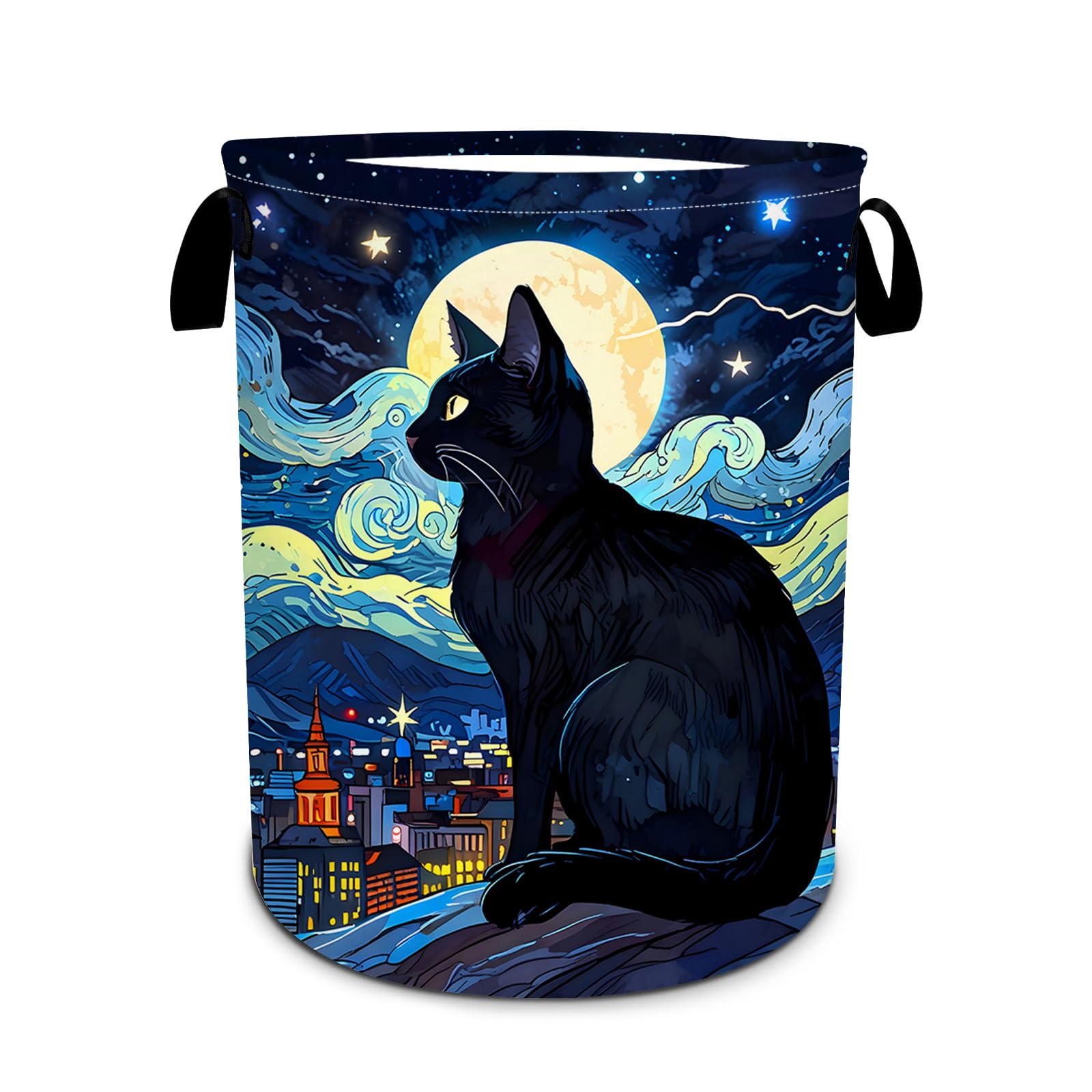 Starry Night Cat Laundry Basket, Foldable Waterproof Oxford Cloth Moon Laundry Hamper Funny Tote Bag Dirty Clothes Storage Bucket Toy Organizer for