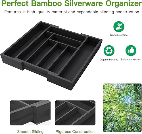 Miniatura 5 de Pipishell Organizador de cajones expandible de bambú para soporte de utensilios, bandeja ajustable para cubiertos, organizador de cajones de madera