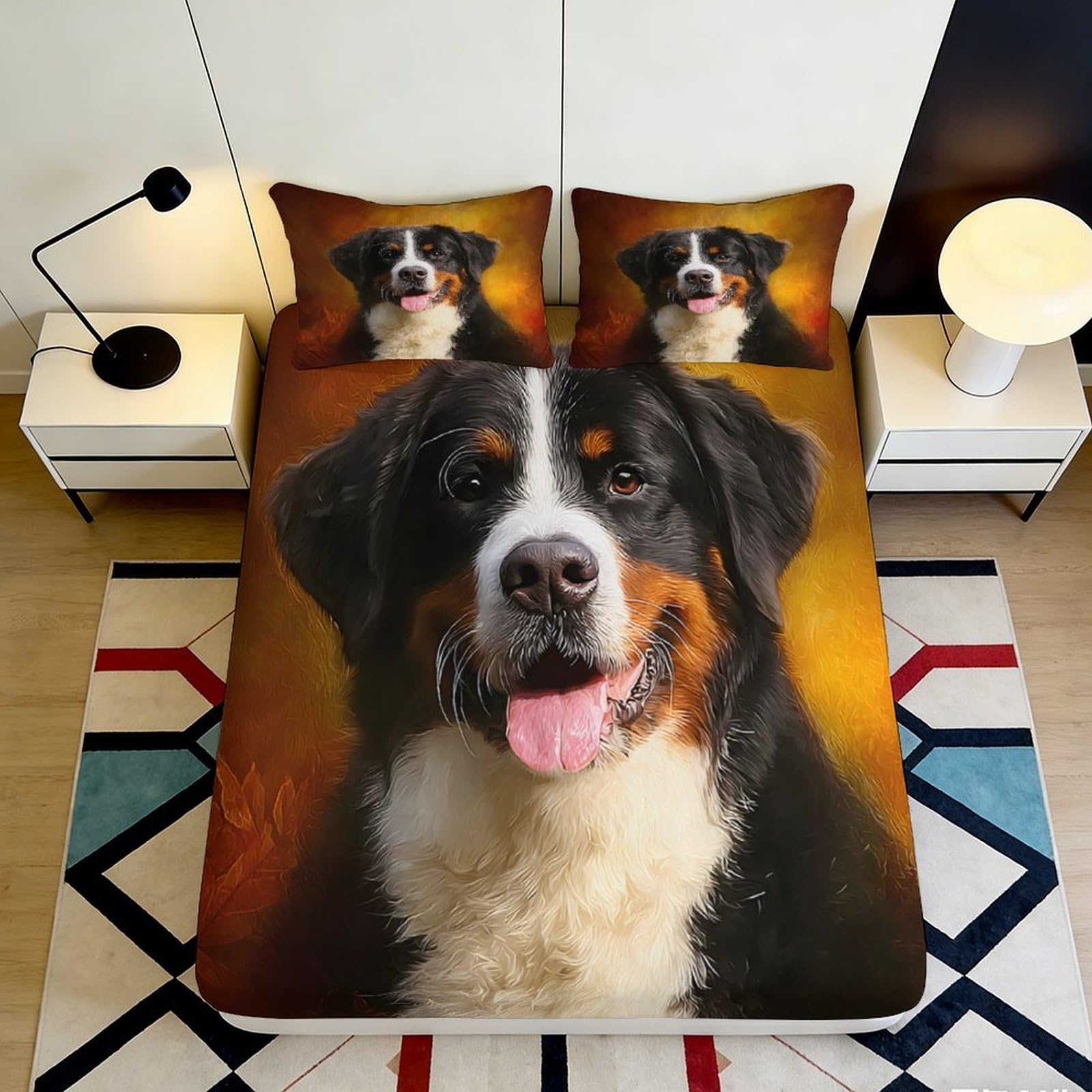 3D Printed Bernese Mountain Dog Fitted Sheet Microfiber Soft Breathable Dog Portrait Bed Cover for Bedroom Decor 90x200x25cm