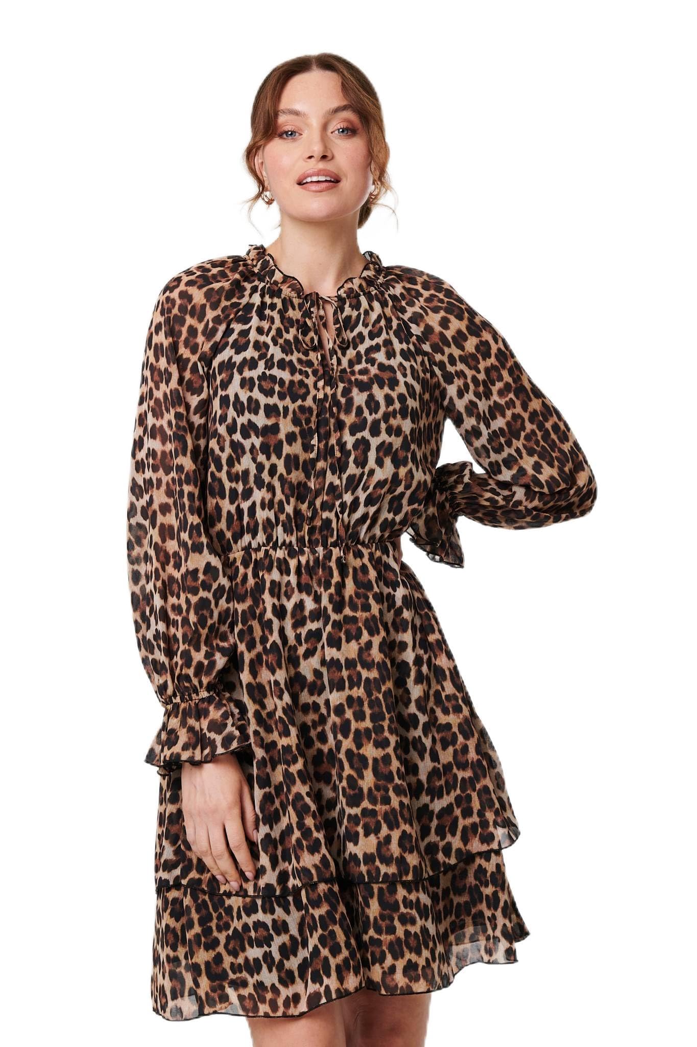 Izabel London Women's Brown Animal Print Ruched Tie Neck Short Dress For Uk With Long Sleeves And A Shirred Waist.