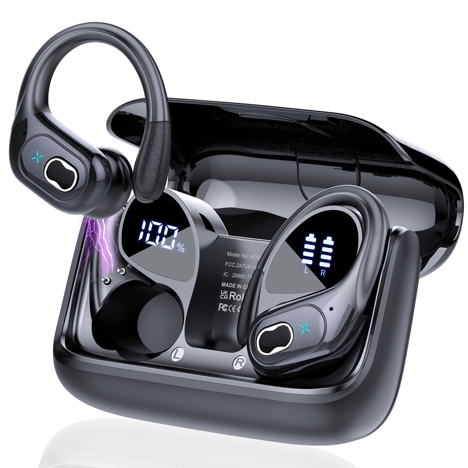STECEi Wireless Earbuds, 75H Bluetooth 5.4 Headphones Sport with 4 ENC Noise Cancelling Mic, HiFi Stereo Wireless Earphones with Earhooks, IP7 Waterproof Ear Buds for Sport/Running/Gym, Black