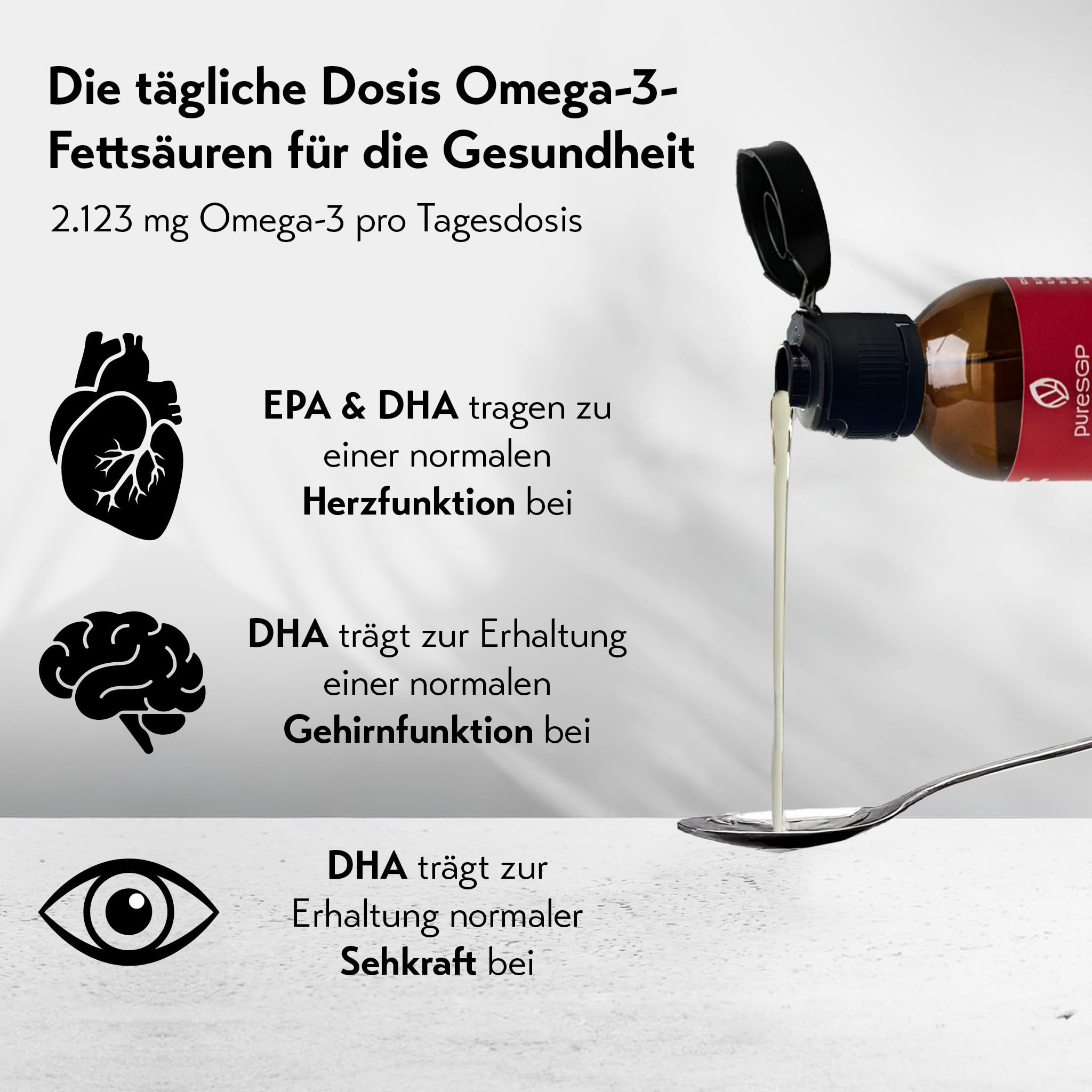 pureSGP® Omega-3 Öl FORTE [150ml]: Höchstdosiert, rein und pflanzlich - 2.123 mg Omega-3 pro Tag, 3.700 mg Algenöl mit DHA und EPA. Angereichert mit Vitamin D3 und Olivenöl. Feiner Zitronengeschmack.