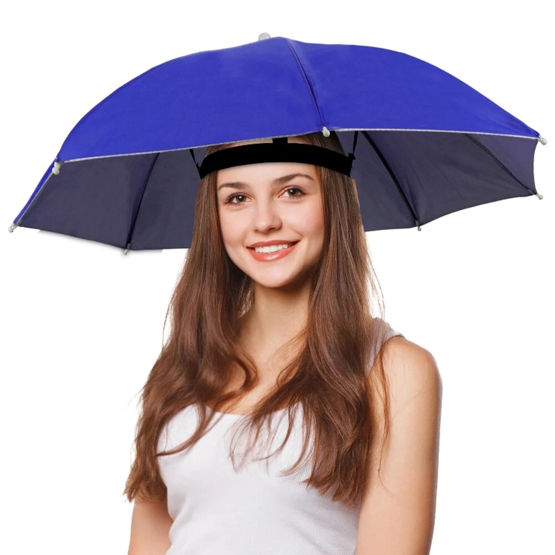 Accessotech Unisex Dark Blue Novelty Umbrella Hat – Hands-Free Rain & Sun Protection, Waterproof, Elastic Headband, 65Cm Wide, Lightweight & Comfortable (Dark Blue)