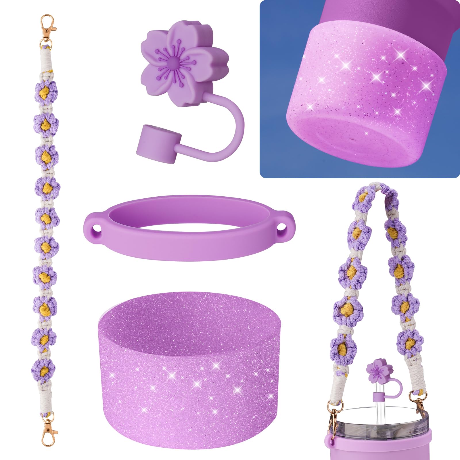NiHome Accessory Set for Stanley Tumblers 20oz, 30oz, 40oz Cups, Includes Color-Coordinated Handle, Silicone Ring, Straw Plug and Glittery Base,