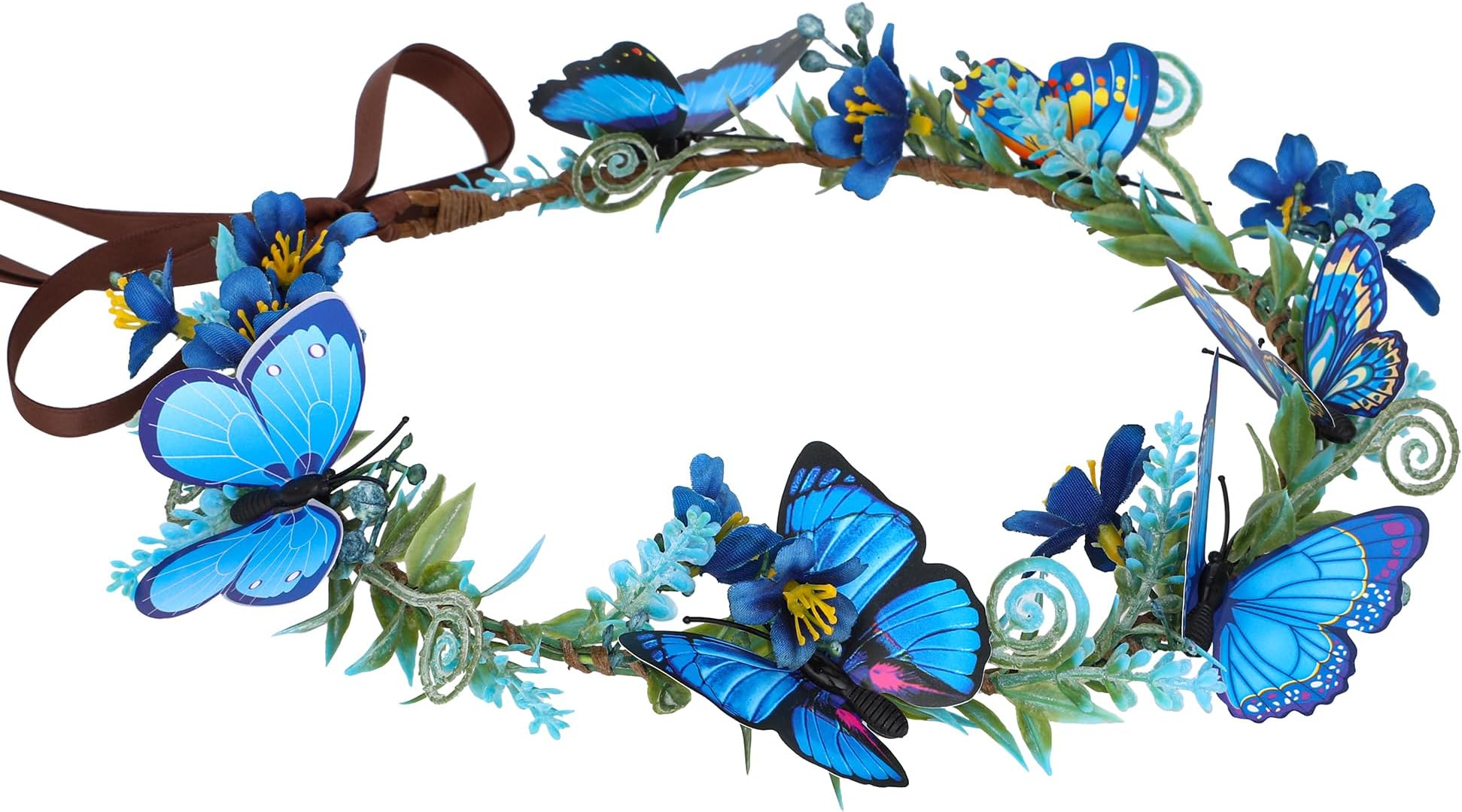 MOSTORY Handmade Blue Flower Butterfly Crown - Floral Elf Crown Woodland Fairy Headpiece Forest ELven Circlet for Women Girls Renaissance Halloween Cosplay Festival Party