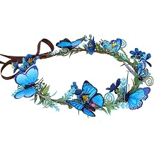 MOSTORY Handmade Blue Flower Butterfly Crown - Floral Elf Crown Woodland Fairy Headpiece Forest ELven Circlet for Women s Renaissance Halloween Cosplay Festival Party