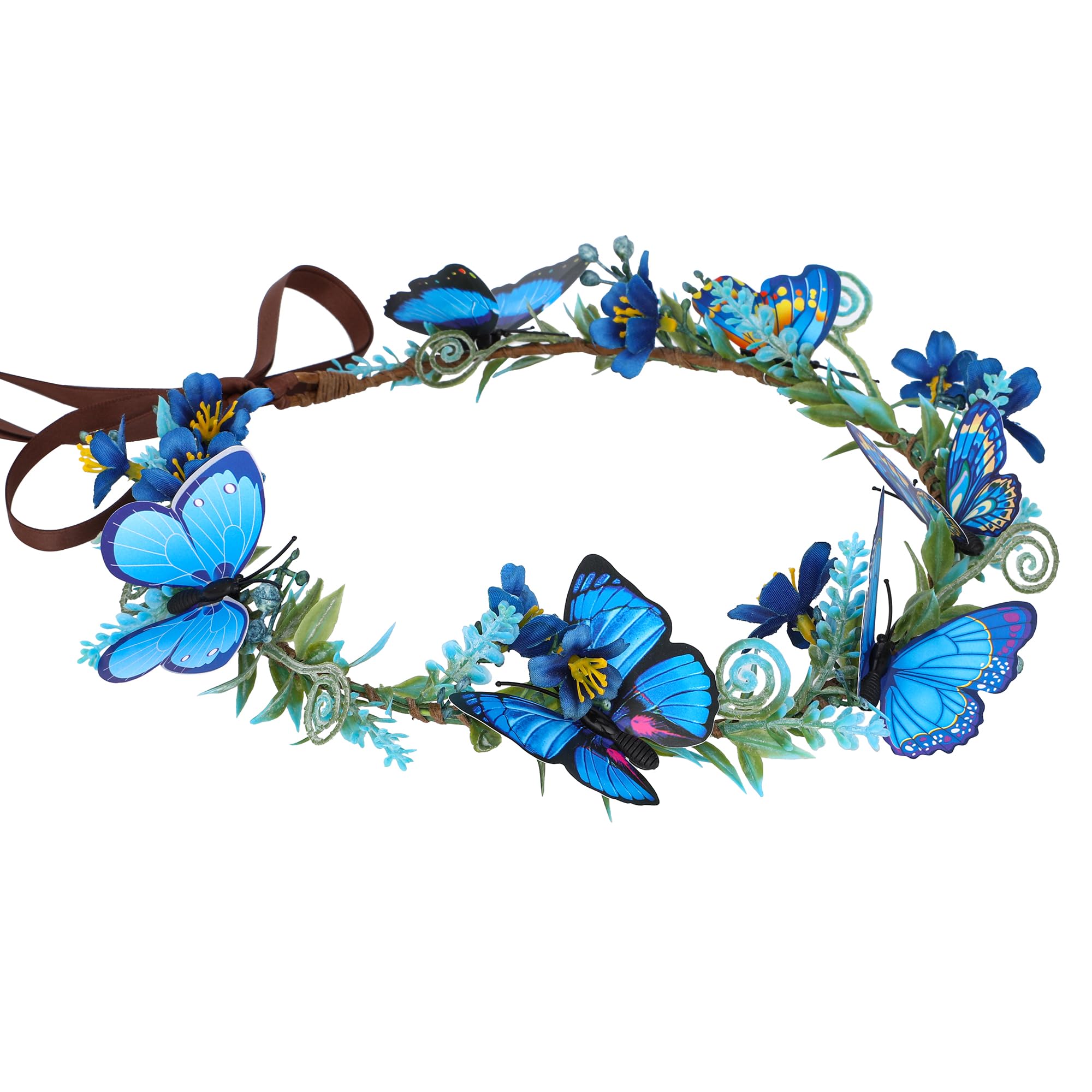 MOSTORY Handmade Blue Flower Butterfly Crown - Floral Elf Crown Woodland Fairy Headpiece Forest ELven Circlet for Women Girls Renaissance Halloween Cosplay Festival Party