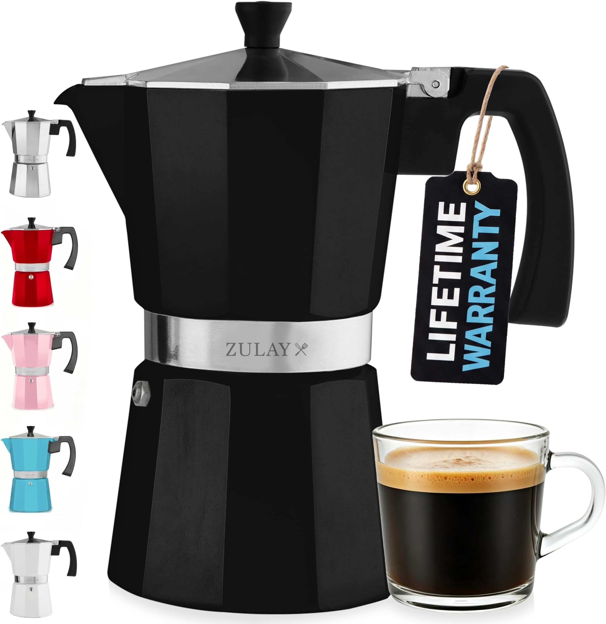 Zulay Moka Pot Espresso Stovetop Coffee Maker - Leak-Proof, Stainless Steel, Easy to Clean, Heat Resistant Handle & Knob - for Authentic Cuban & Italian Style Espresso - Makes 9 Espresso Cups - Black