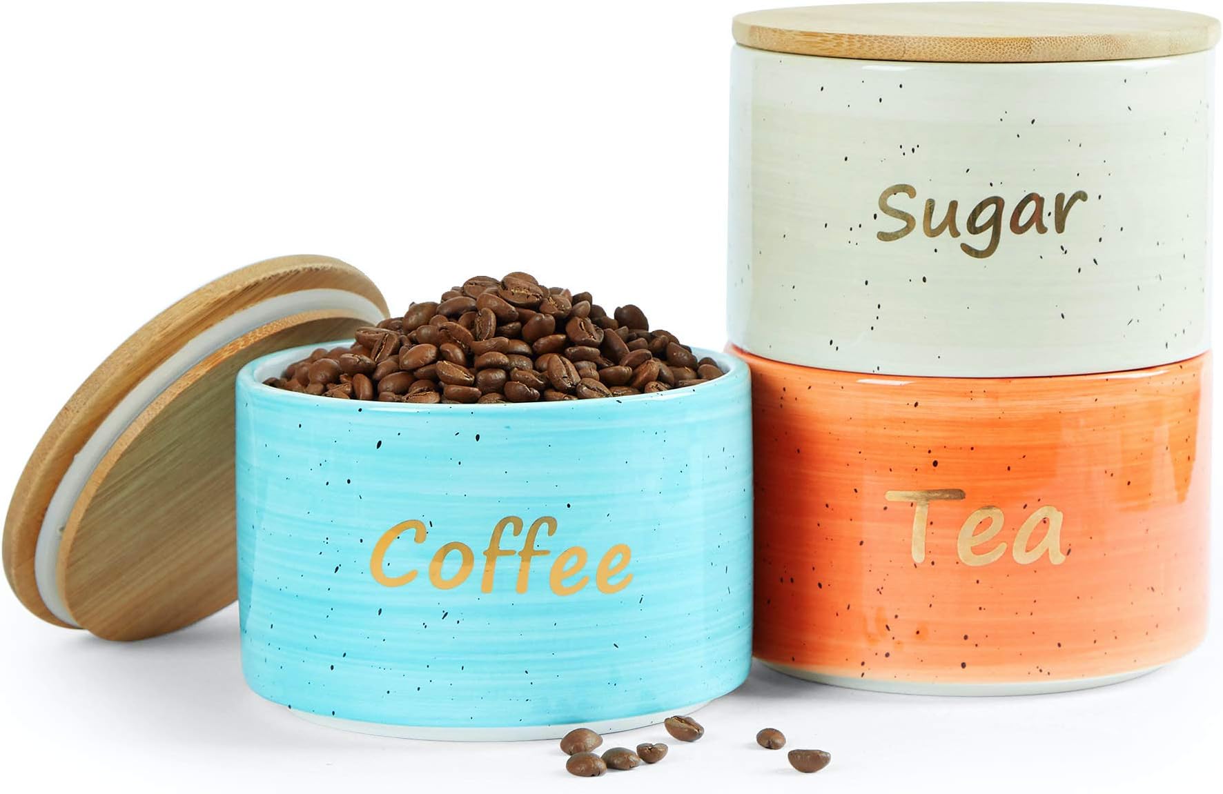 Uno Casa Ceramic Kitchen Canister Set with Airtight Lid - 3 Piece for Coffee Tea Sugar - 28 oz