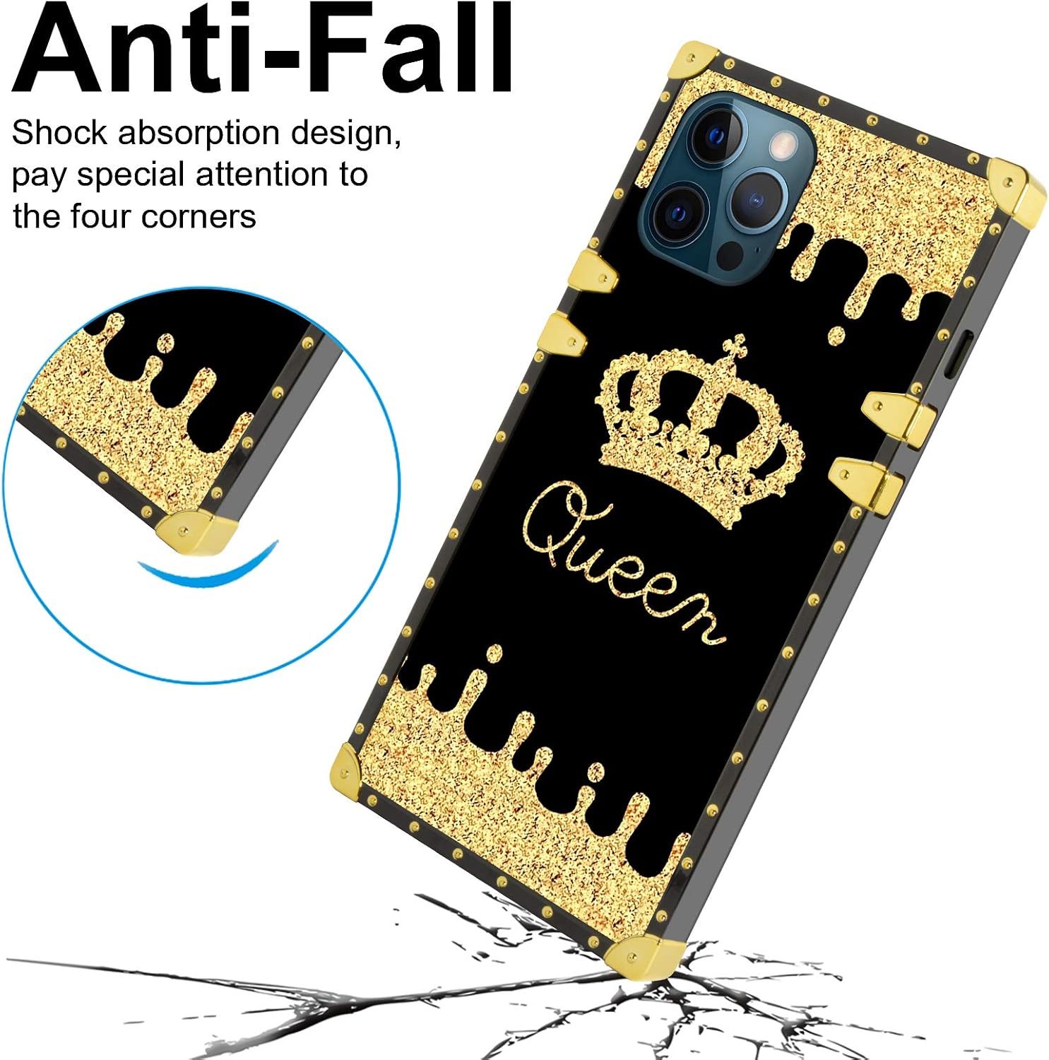 Fiyart iPhone 12 6.1" & iPhone 12 PRO 6.1 Inch 2020 Case Golden Queen Luxury Square Stylish Retro Cover