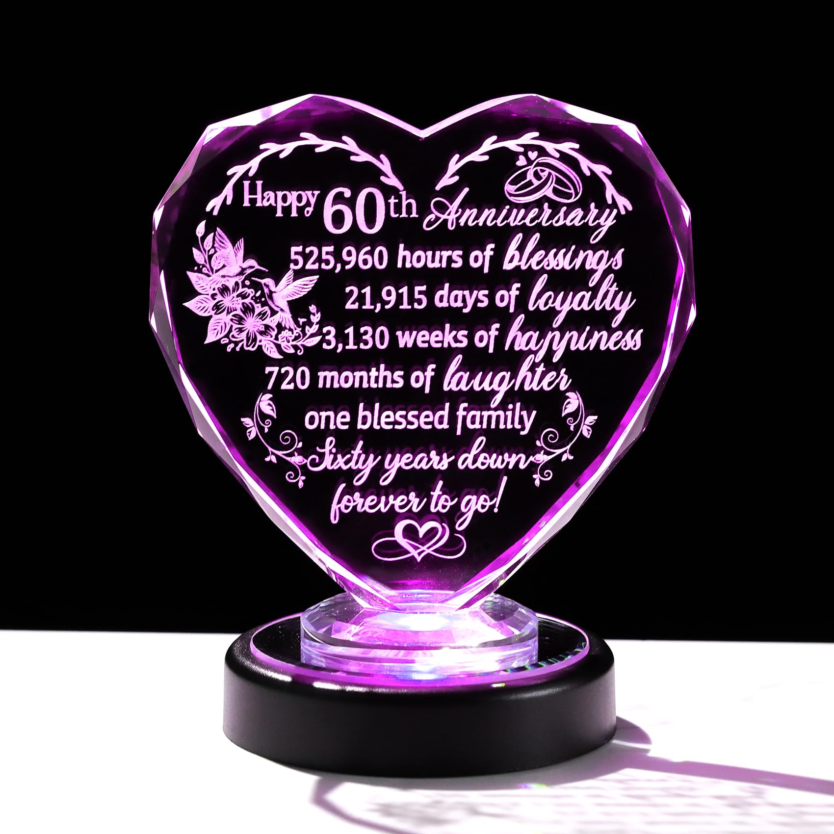 60th Wedding Anniversary Heart Love Gifts for Wife Parents Happy 60th Glass Heart Keepsake with LED Base Ornaments 60 Years Anniversary Wedding Presents for Women Friends Couples